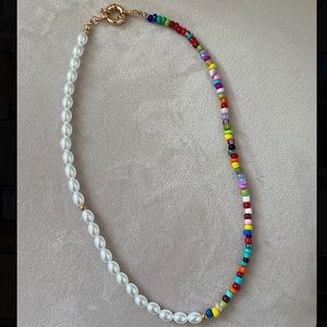 New colourful beaded pearl necklace w gold clasp